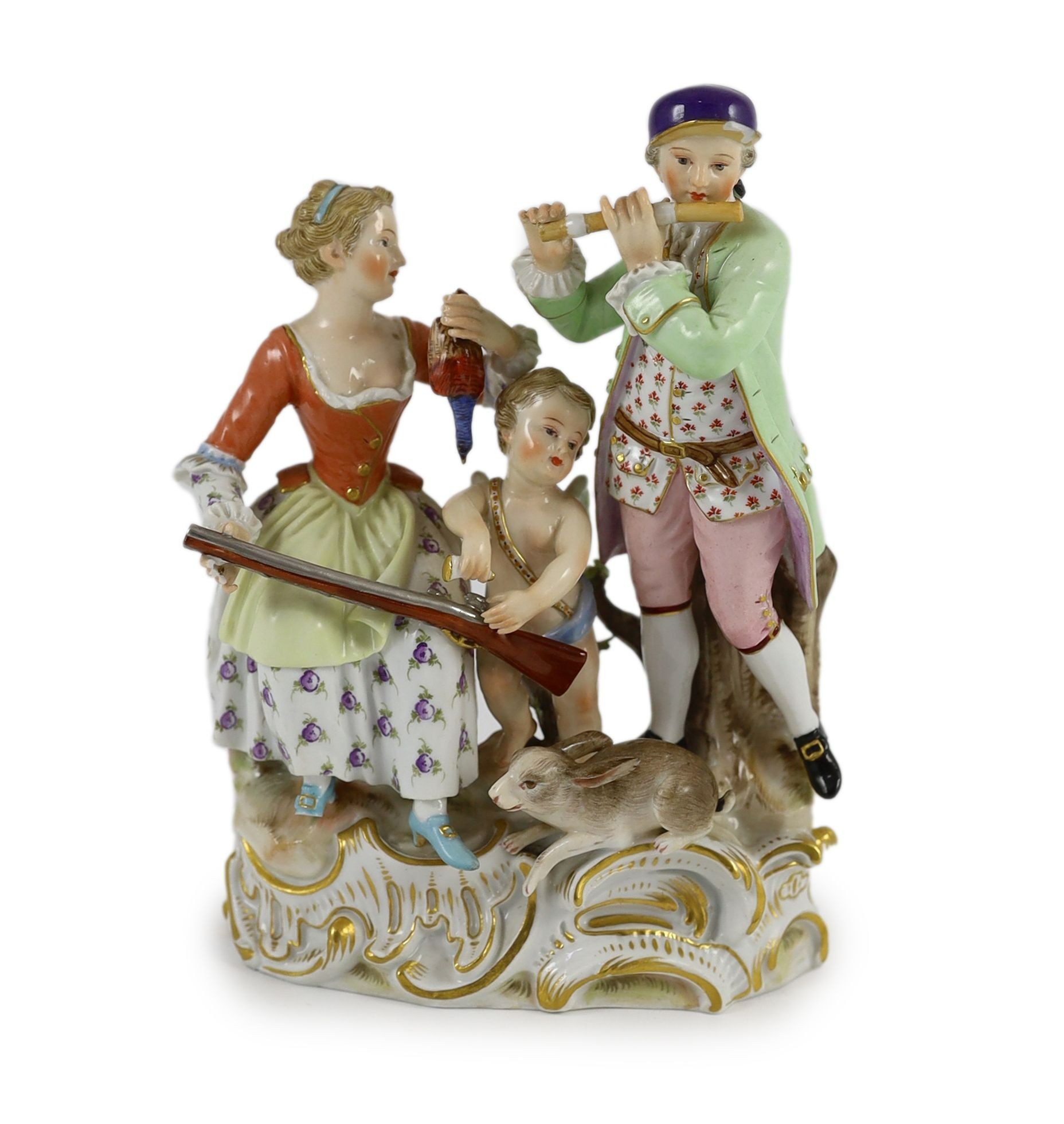 A Meissen Group of a young couple, Cupid and a hare, 19th century, 17 cm high